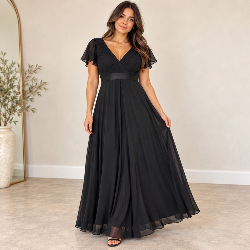 Ever Pretty Black Chiffon Flutter Sleeve Pleated V-Neck Maxi Gown EP09890 US 16